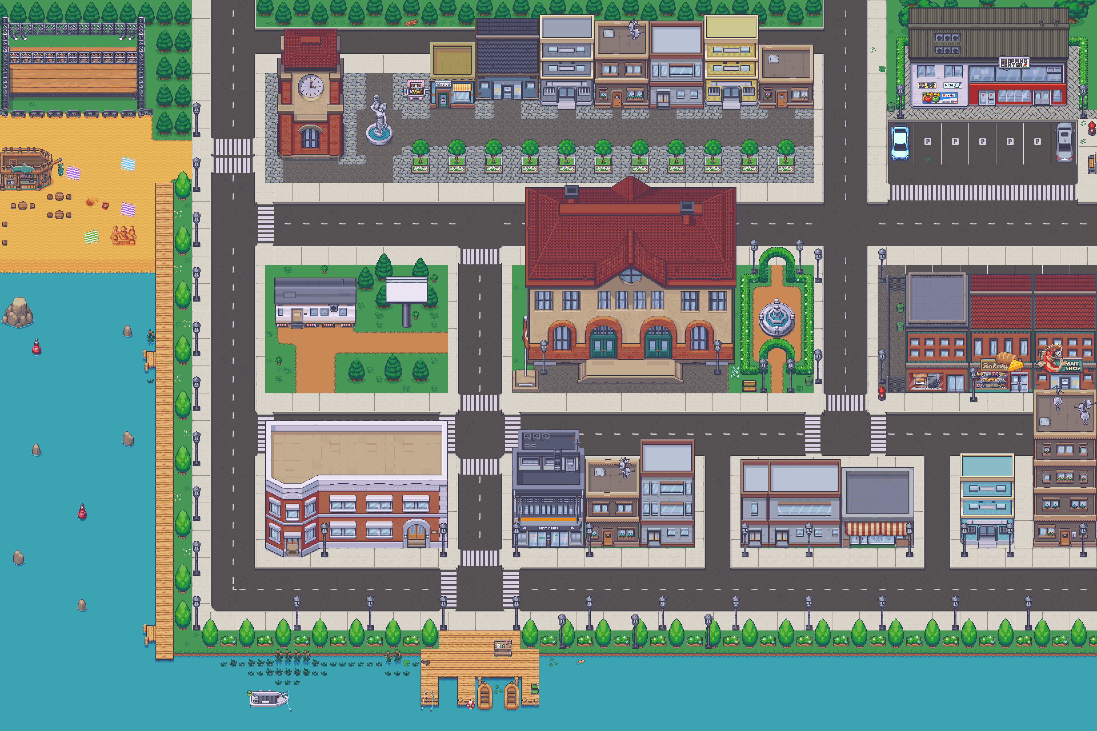 Democracy Park — pixel-art top-down town map showing all key locations