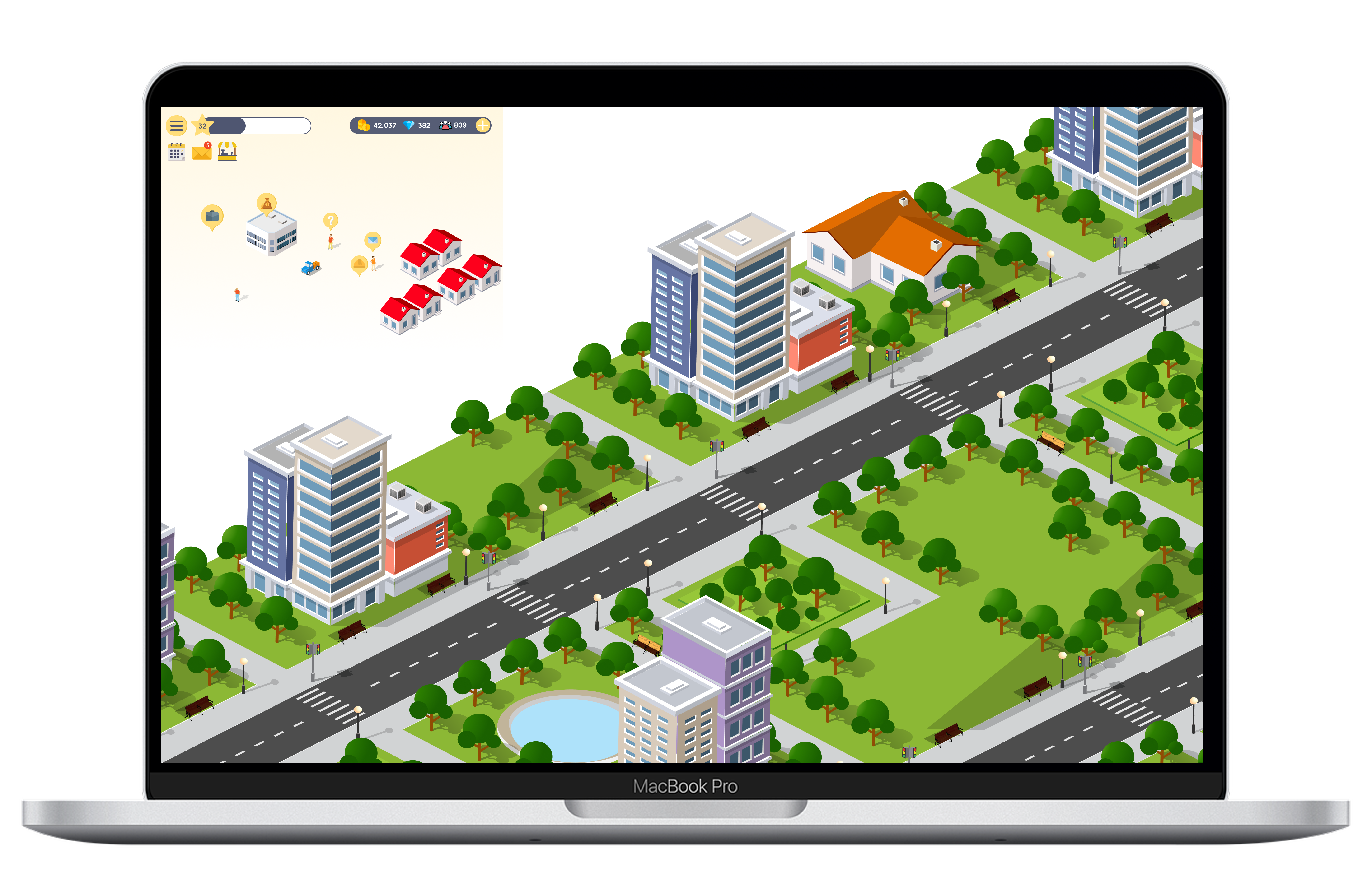 Glocal Election Game — MacBook showing isometric city campaign map