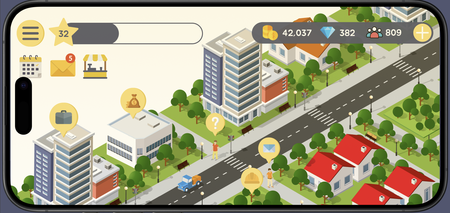 Glocal Election Game — mobile phone gameplay showing the isometric city