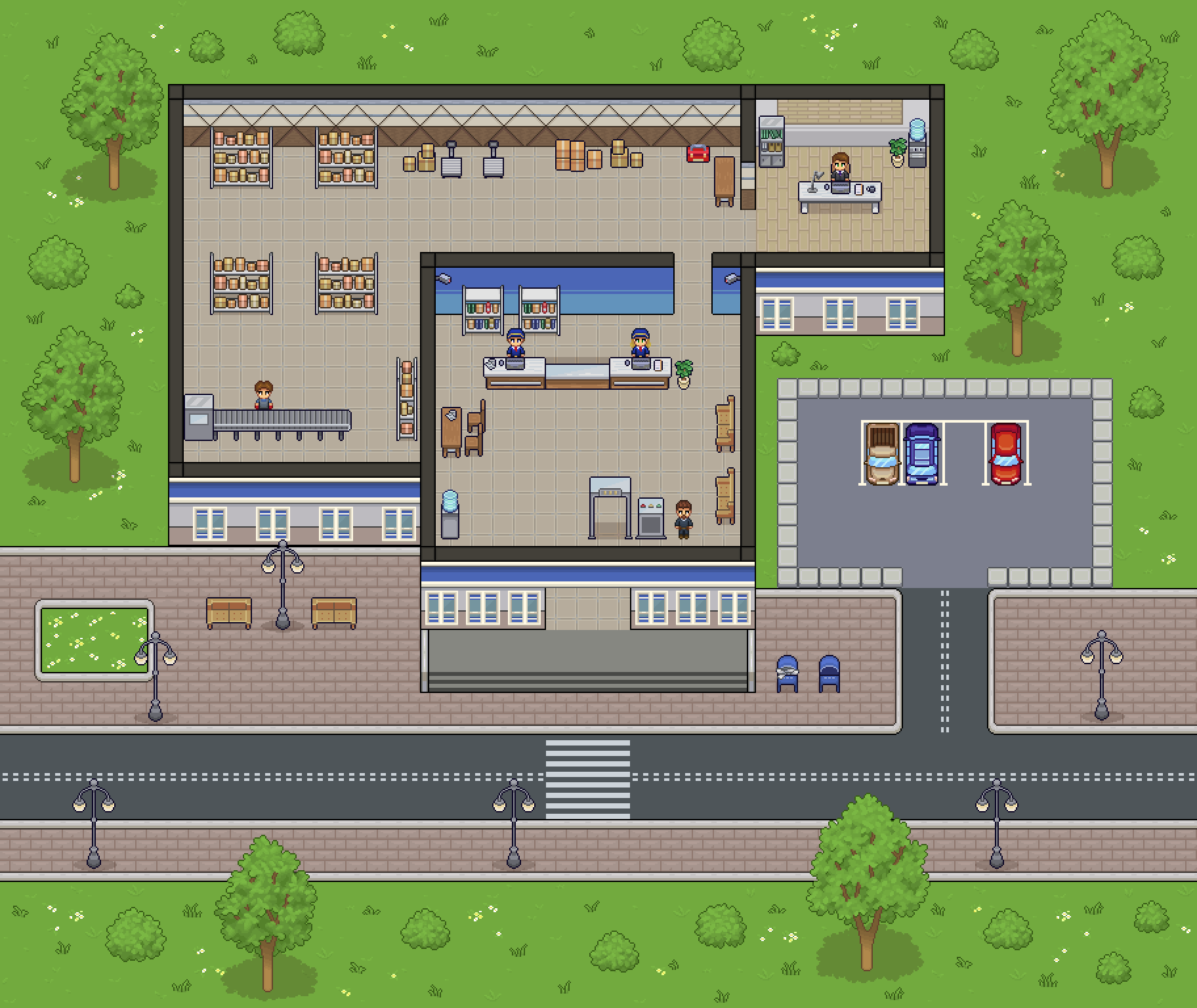 Democracy Park — pixel-art polling station interior with voters and election workers