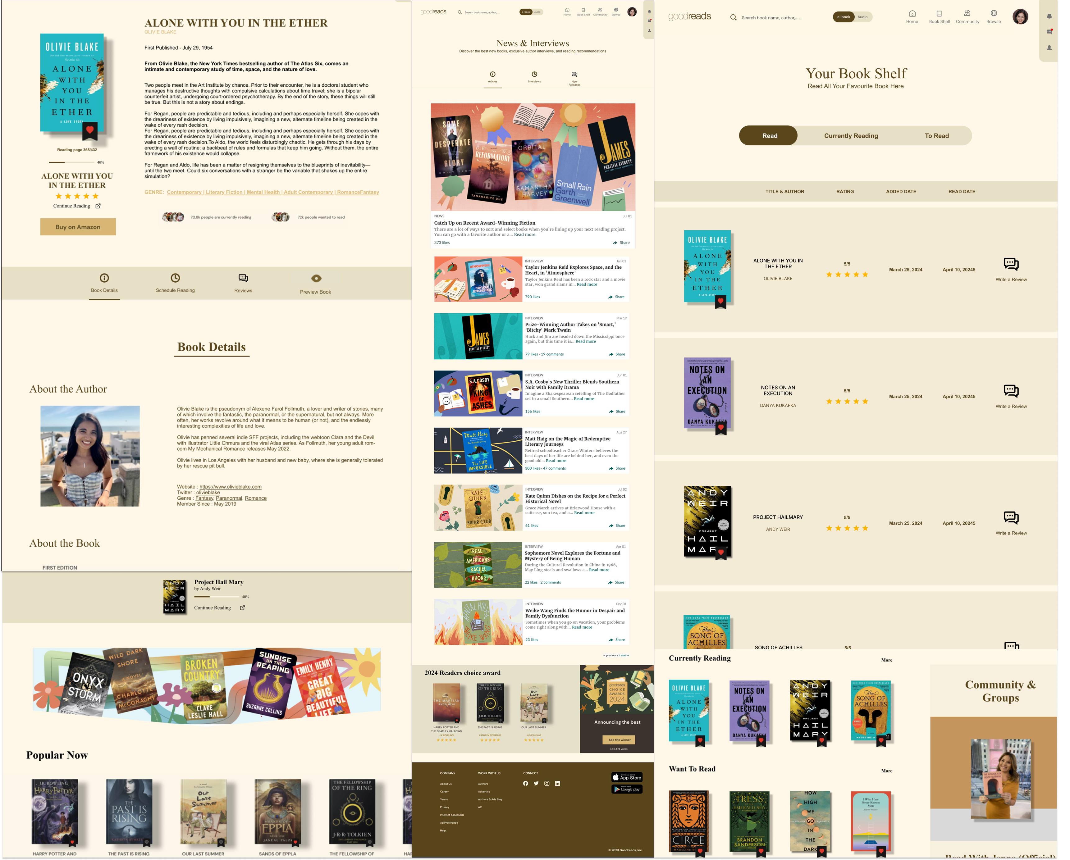 Goodreads Redesign — three-panel layout overview