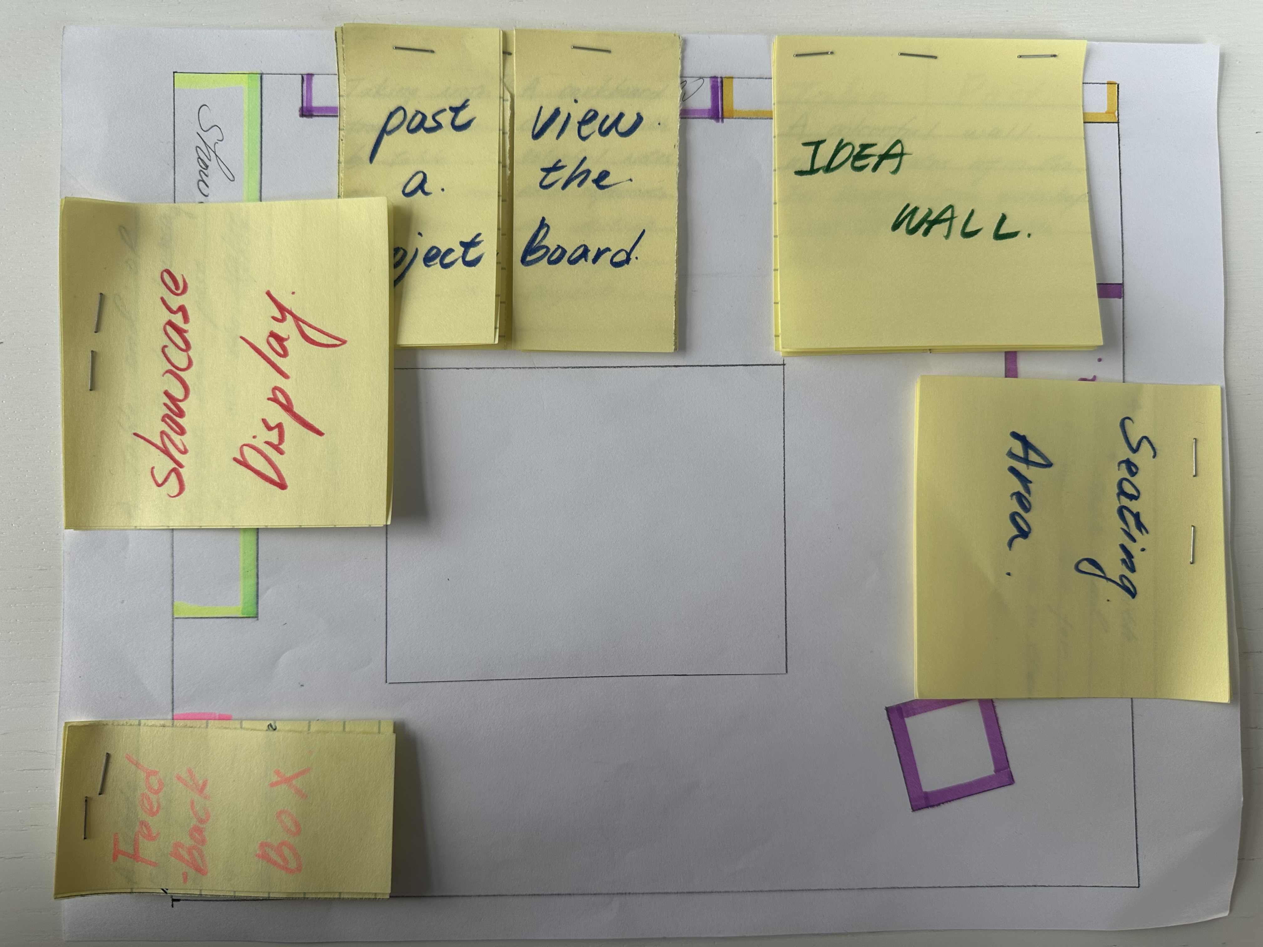Early floor plan sketch — Community Corner zones marked with sticky notes