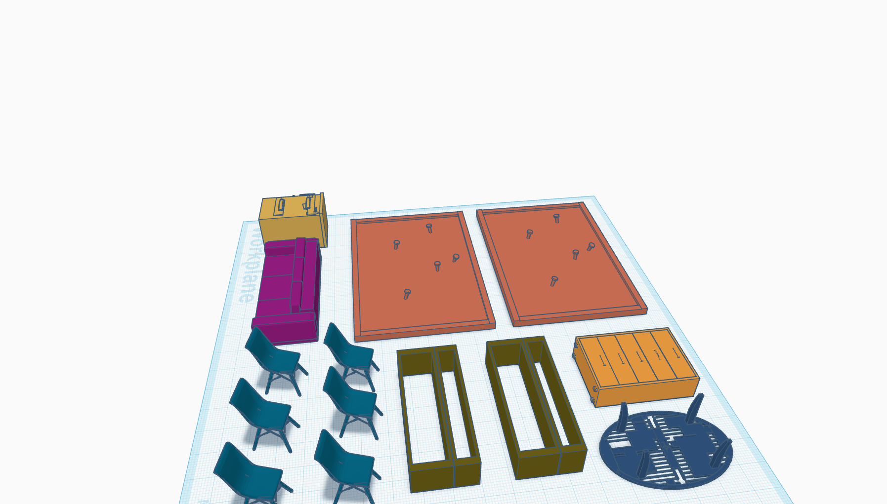 Tinkercad exploded component view — individual furniture pieces for the Community Corner