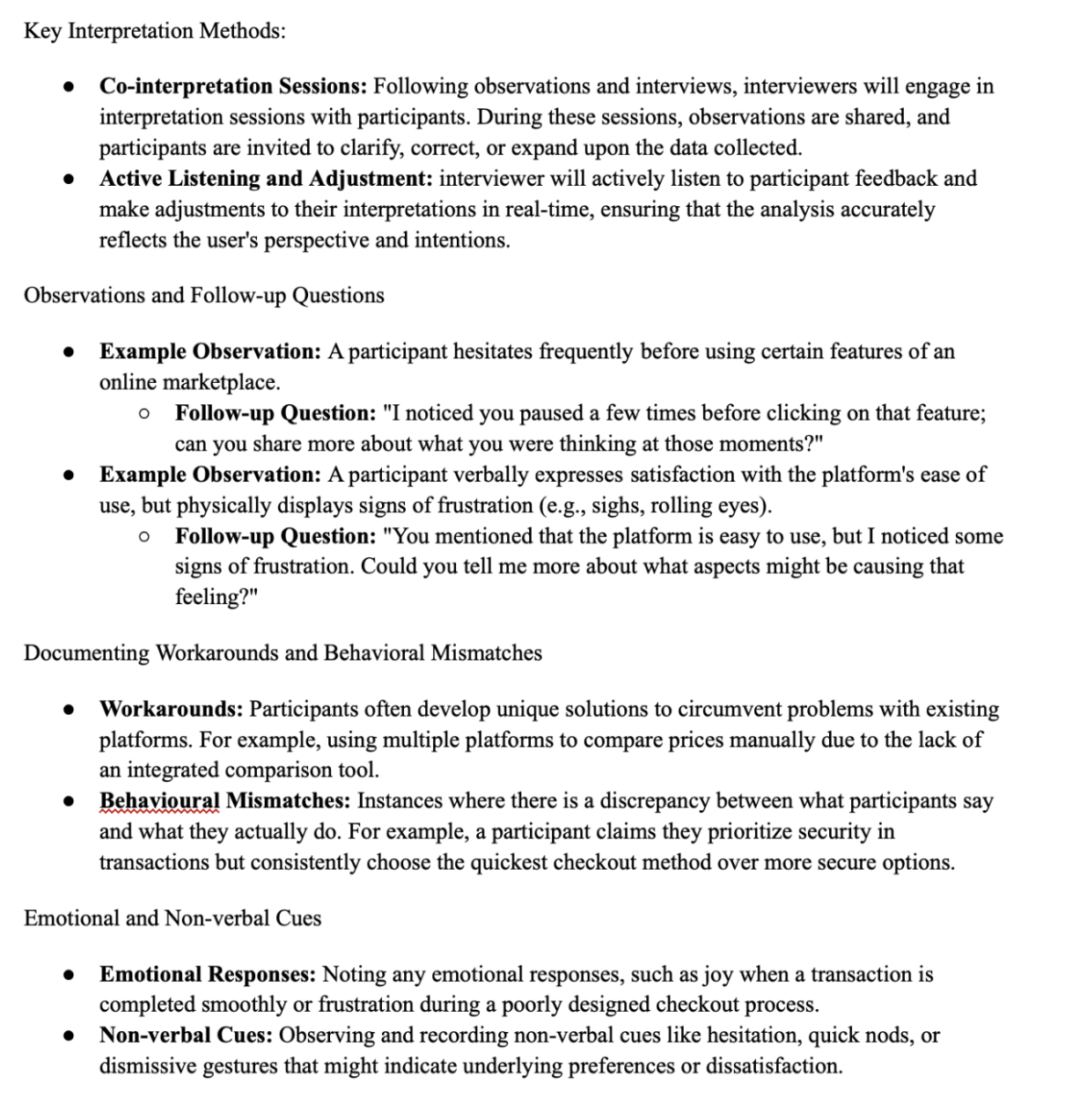 Key interpretation methods and follow-up questions from contextual inquiry