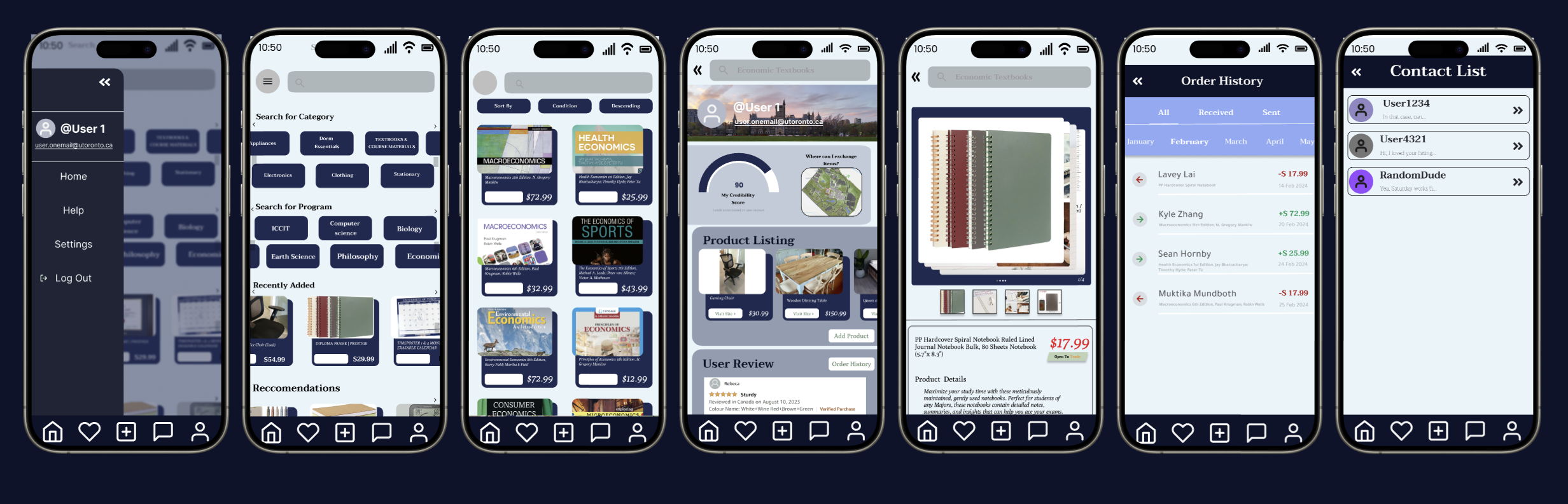 UniTrade — seven high-fidelity prototype screens