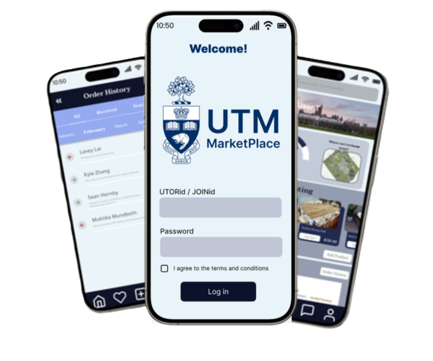 UTM MarketPlace — three phone mockups showing login and app screens