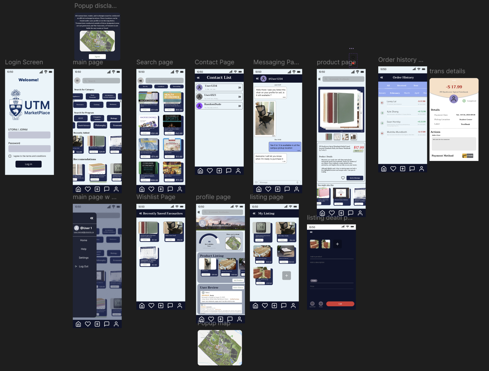UniTrade high-fidelity prototype — all screens and states
